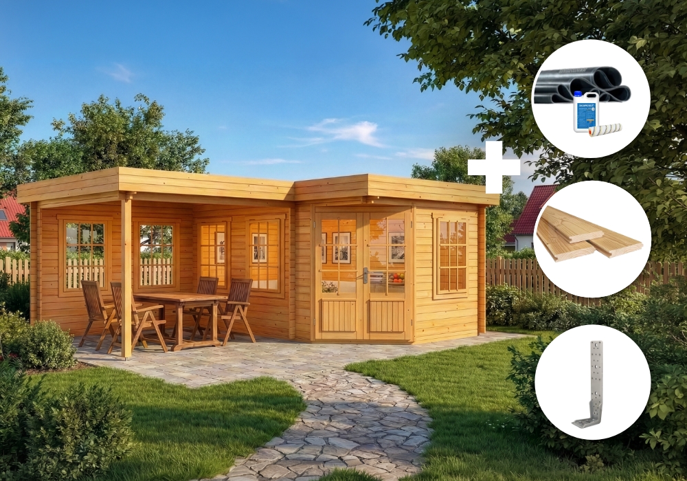 ECO Set - 5-Eck Gartenhaus Pepe - imprägniert | 6x5m | Restposten 21% Rabatt