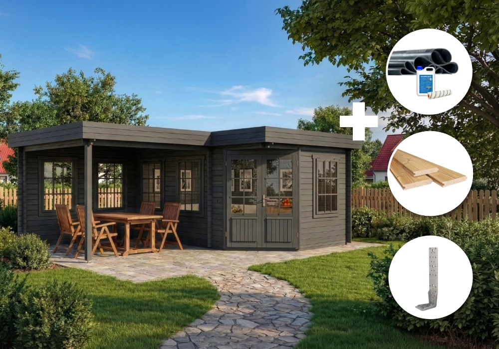 ECO Set - 5-Eck Gartenhaus Pepe - grau | 6x5m | Restposten 21% Rabatt