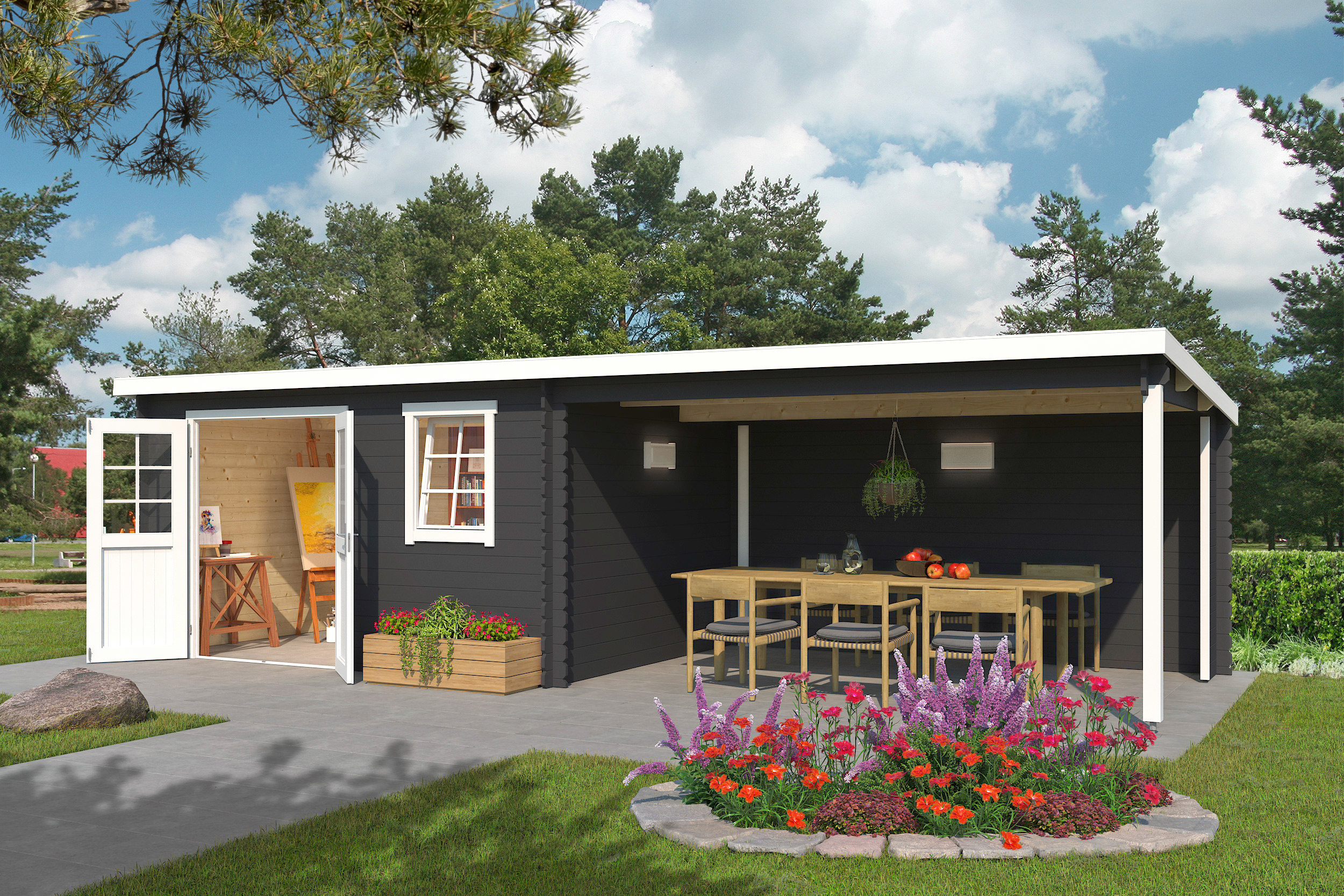 LASITA MAJA Gartenhaus „Reno“ Blockbohlenhaus 28mm, mit Anbau | 8x3m | Restposten 6% Rabatt