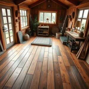 Holz-Fußbodenbretter im Gartenhaus verlegen