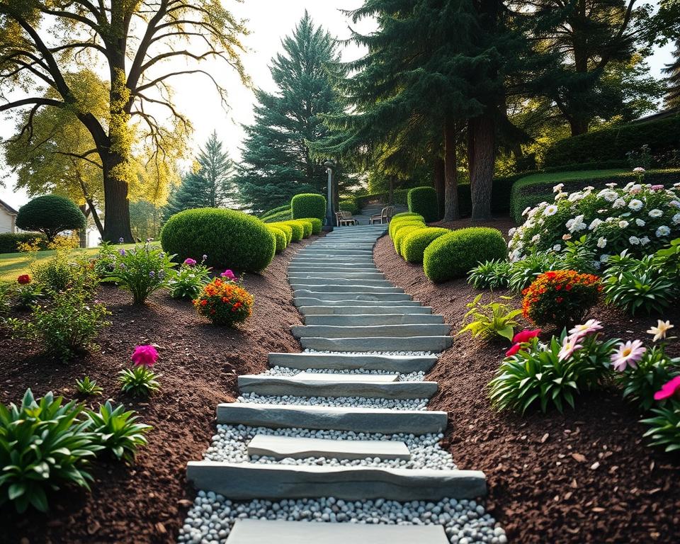 A beautifully designed garden slope featuring a winding stone staircase, adorned with lush greenery and vibrant flowers on either side. In the foreground, rich soil and decorative gravel highlight the steps of the stairs, inviting exploration. The middle ground showcases an elegant path leading up to a cozy seating area, framed by ornamental shrubs. In the background, tall trees provide a serene backdrop, filtered sunlight spilling through their leaves, casting gentle shadows on the pathway. The atmosphere is tranquil and inviting, perfect for relaxation. The scene is captured in soft, natural lighting, with a shallow depth of field to emphasize the details of the staircase while softly blurring the background. The angle is slightly elevated, offering a comprehensive view of the pathway and staircase's harmonious integration into the garden.