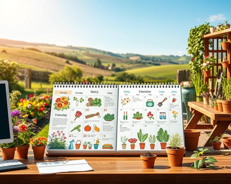 A beautifully illustrated garden care calendar, showcasing seasonal gardening tasks throughout the year. In the foreground, a well-organized desk with a vibrant, open calendar displaying colorful illustrations of flowers, plants, and gardening tools for each month. The middle ground features a lush garden with neatly arranged flowerbeds, herbs, and vegetables, all bathed in soft, natural sunlight. In the background, rolling hills and a clear blue sky enhance the serene atmosphere. Incorporate a wooden gardening bench with pots and tools, emphasizing a minimalist approach to garden care. Use warm, inviting colors to convey a sense of tranquility and ease, capturing the spirit of low-maintenance gardening. The mood should feel encouraging and inspiring, perfect for anyone looking to simplify their gardening experience.