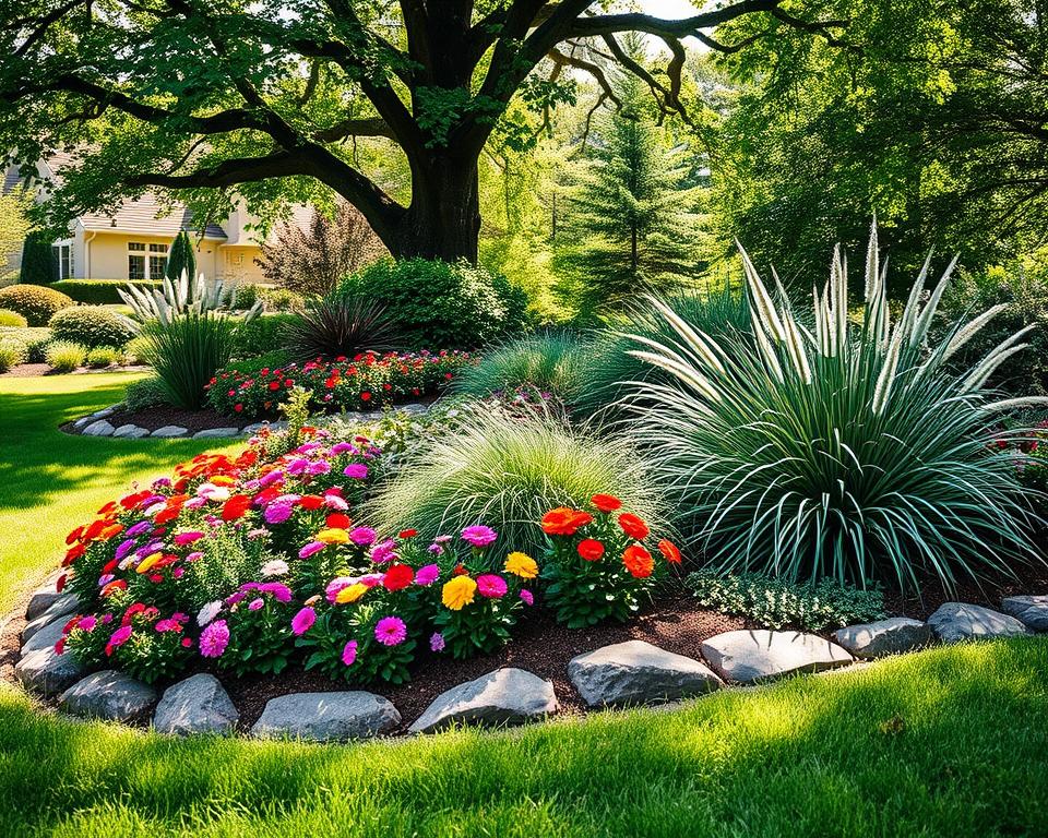 A beautifully landscaped garden bed featuring low-maintenance borders, characterized by smooth, rounded edges and easy-to-care-for plants. In the foreground, vibrant perennial flowers in various colors bloom alongside neatly trimmed ornamental grasses, creating a harmonious and inviting atmosphere. The middle ground showcases a well-defined edge made from natural stone, providing a clear separation from the surrounding lawn. The background consists of lush green foliage and soft, dappled sunlight filtering through overhead trees, casting gentle shadows on the garden. The scene is captured from a slight angle that enhances the depth, with bright, cheerful lighting ensuring a warm and welcoming mood. This tranquil setting embodies the essence of effortless garden design.