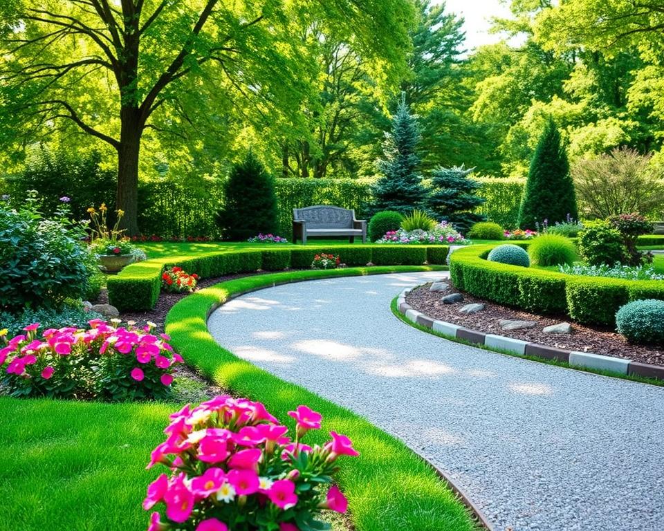A beautifully landscaped garden pathway featuring a clear, structured layout. In the foreground, vibrant flower beds with colorful blooms are bordered by neatly trimmed grass. The middle ground showcases a winding gravel pathway, bordered by low hedges and decorative stones, leading towards a serene seating area. In the background, lush green trees and ornamental shrubs create a natural backdrop, with dappled sunlight filtering through the leaves, casting soft shadows. The scene conveys a peaceful and inviting atmosphere, perfect for a low-maintenance garden. Use natural lighting to highlight the textures and colors, capturing the essence of a well-planned garden structure from a slightly elevated angle for depth.
