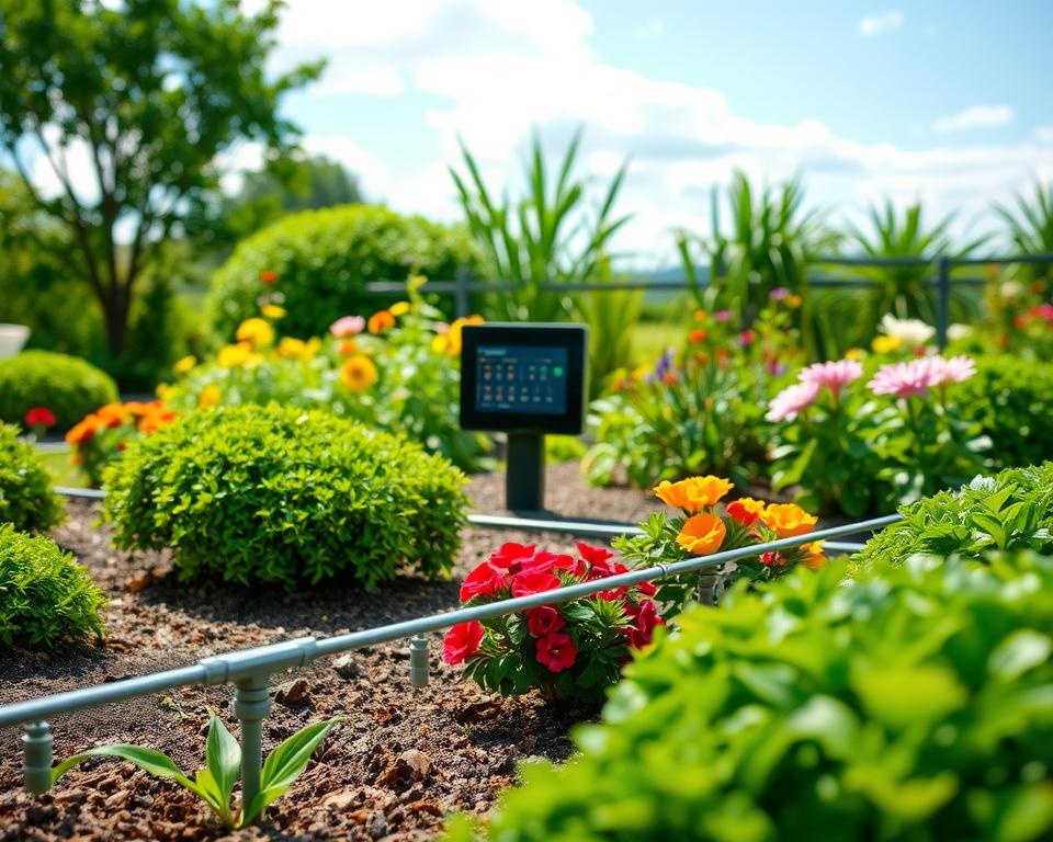 A beautifully landscaped garden with an automatic irrigation system in action. In the foreground, lush greenery with vibrant flowers and neatly arranged shrubs; a drip irrigation line can be seen subtly integrated into the soil. In the middle ground, a sleek, modern control panel with digital display shows the watering schedule, surrounded by various plants in healthy, vibrant colors. The background features a serene view of a sunny day, with blue skies and soft white clouds. The setting is peaceful and inviting, evoking a sense of efficient gardening with minimal effort. Soft, natural lighting enhances the colors of the garden, while a slight depth of field blurs the background to focus on the automated watering system.