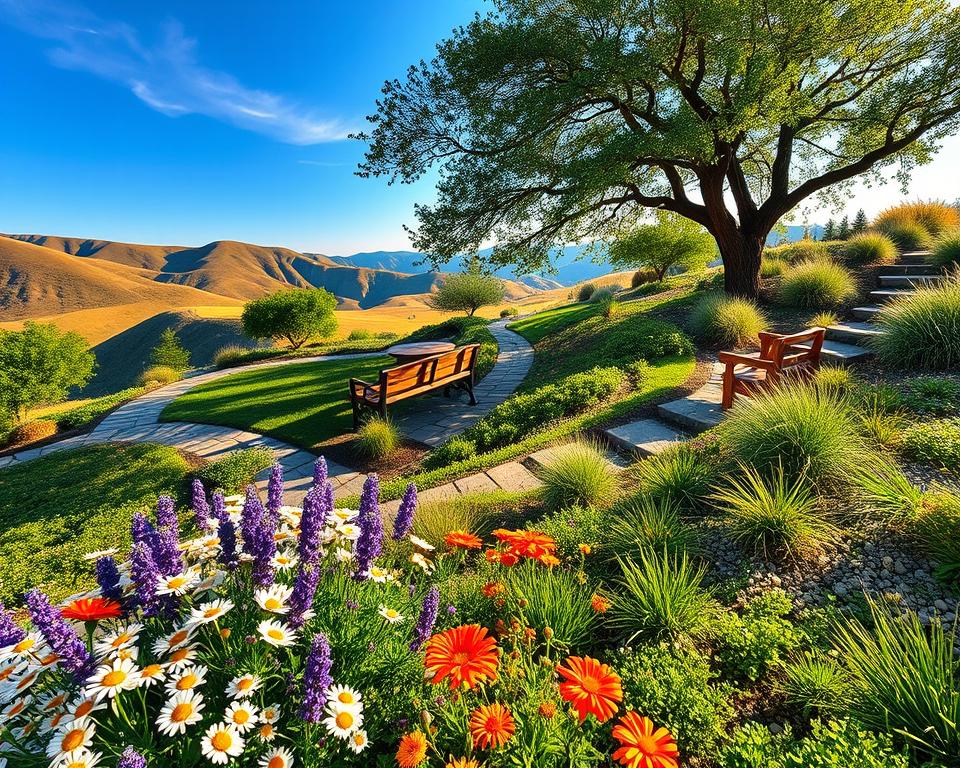 A beautifully landscaped hillside garden, showcasing tiered planting designs that blend harmoniously with the natural contours of the slope. In the foreground, vibrant flowers in full bloom—daisies, lavender, and marigolds—intermingle with lush green foliage. The middle ground features curved stone pathways lined with small shrubs and ornamental grasses, inviting exploration. The background reveals gentle hills under a clear blue sky, with soft sunlight casting warm glow over the entire scene. A cozy wooden bench rests under a shade tree, providing a tranquil spot to enjoy the view. The atmosphere is serene and inviting, evoking a sense of peace and connection with nature. Shot with a wide-angle lens to capture the expansiveness of the garden, with soft focus at the edges to enhance depth.