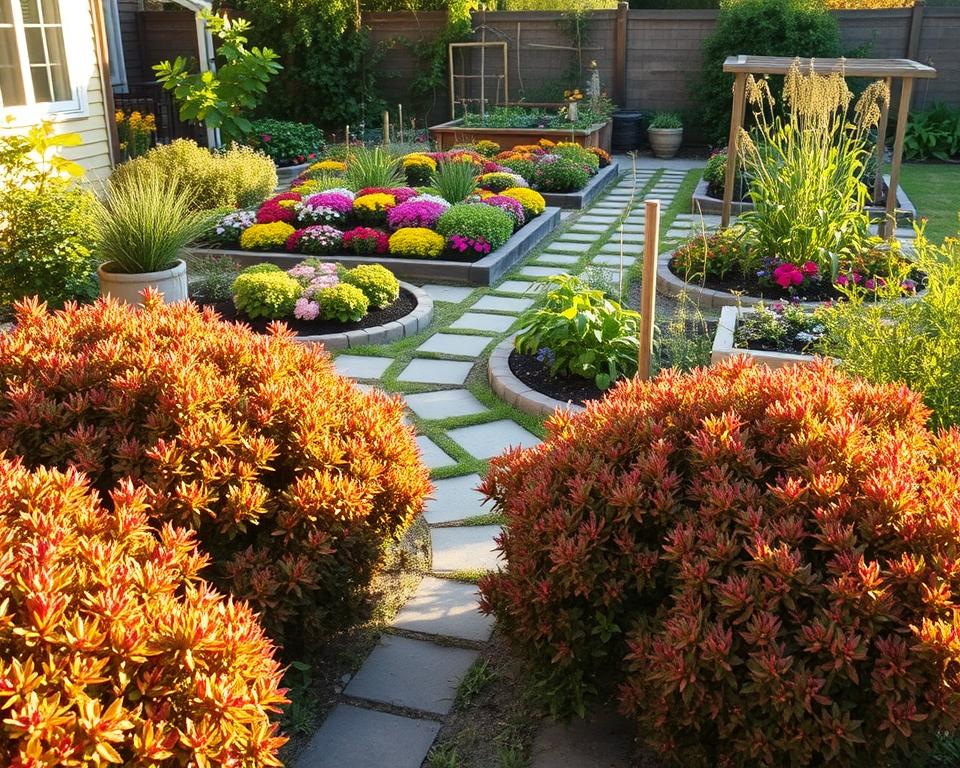 A beautifully landscaped, low-maintenance garden showcasing common planning mistakes that lead to high maintenance. In the foreground, vibrant but unruly shrubs overtake a stone pathway, with weeds peeking through. In the middle ground, a complicated arrangement of flower beds with mismatched colors and dense plants reflects chaos. In the background, a small, messy vegetable patch, highlighting the unplanned use of space, with wild growth and untamed vines. The scene is bathed in warm, golden sunlight, creating a welcoming yet slightly disarrayed atmosphere. The angle is slightly elevated, giving a comprehensive view of the contrasting elements, capturing the essence of a garden that is visually captivating yet labor-intensive.