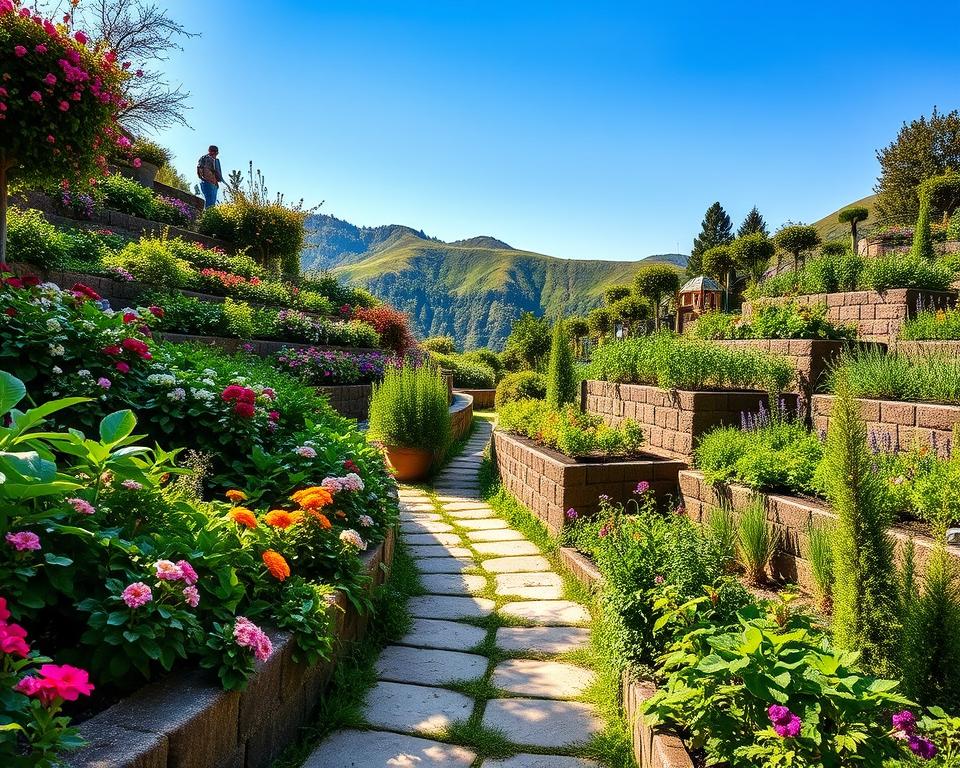 A beautifully maintained terrace garden, showcasing a variety of vibrant, well-cared-for plants and flowers cascading down a hillside. In the foreground, a stone path winds through lush greenery, with colorful blooms peeking from neatly arranged flower beds. The middle ground features raised garden beds filled with herbs and vegetables, meticulously pruned for long-term stability. In the background, there are gently sloping hills under a clear blue sky, highlighting the natural beauty of the landscape. Soft, warm sunlight filters through the foliage, creating a serene and inviting atmosphere. The angle is slightly elevated, capturing the depth of the garden layers while maintaining a focus on the care and effort that goes into maintaining this picturesque hanging garden.