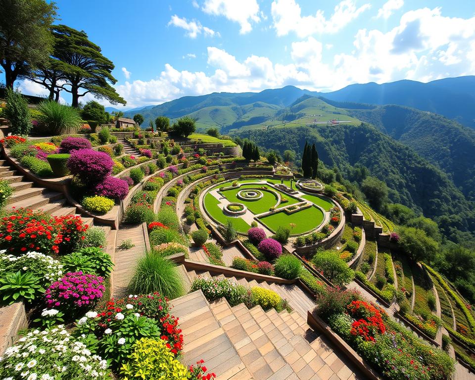 A beautifully terraced garden on a sloping hillside, showcasing different levels filled with vibrant flowers, lush greenery, and structured pathways. In the foreground, a variety of colorful shrubs and blooming plants define each terrace, with wooden steps leading up to the next level. The middle section features well-manicured lawns and decorative stone borders, creating an inviting space for relaxation and activities. In the background, gentle hills roll under a bright blue sky, with soft clouds casting dappled sunlight over the scene. The overall atmosphere is serene and enchanting, ideal for a peaceful retreat. The image is captured in soft, natural lighting with a wide angle lens to emphasize the depth and beauty of the terraced landscape.