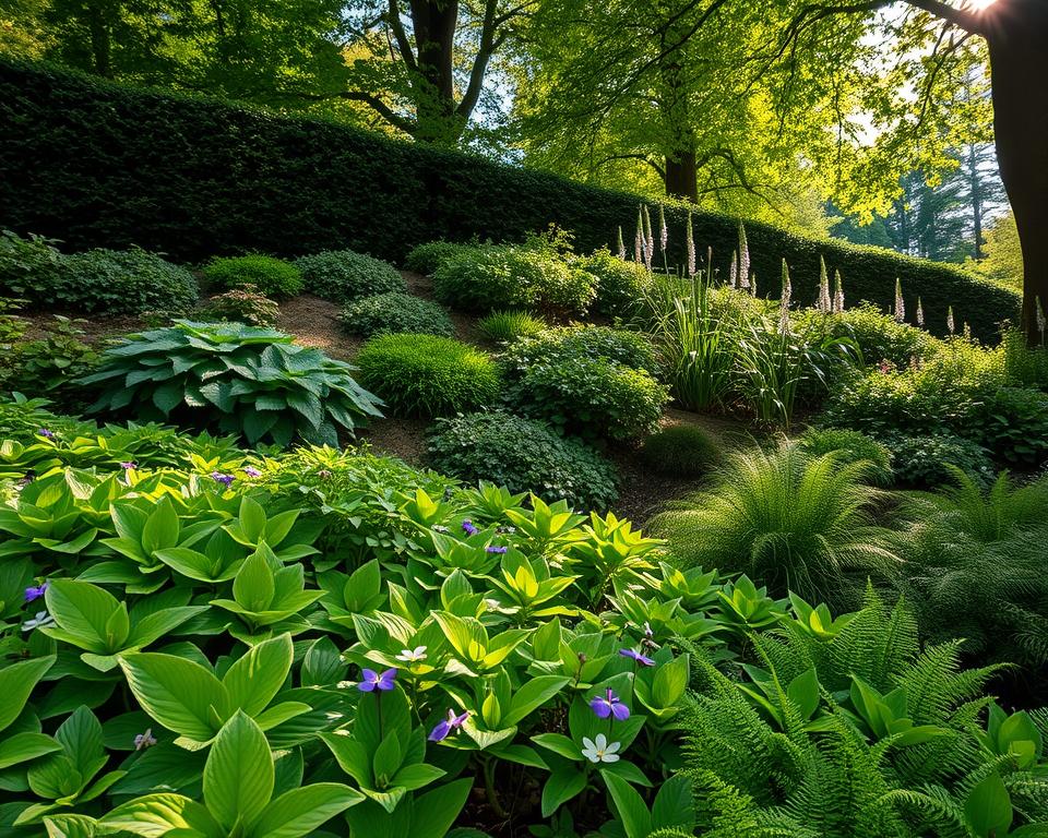 A lush hillside garden featuring a variety of Schattenpflanzen, or shade-loving plants, showcasing vibrant green foliage. In the foreground, hostas and ferns create a soft carpet of greenery, while delicate flowers like violets add pops of color among the leaves. The middle ground reveals a gentle slope, with larger plants such as astilbes and hellebores adding texture and depth, partially shaded by surrounding trees. The background consists of tall, dense shrubbery and the muted silhouettes of trees filtering dappled sunlight through their leaves. The scene exudes a tranquil and refreshing atmosphere, enhanced by soft morning light, highlighting the lush landscape. The composition should focus on capturing the harmony of the plants in this serene and shaded environment, depicting a peaceful retreat in nature.