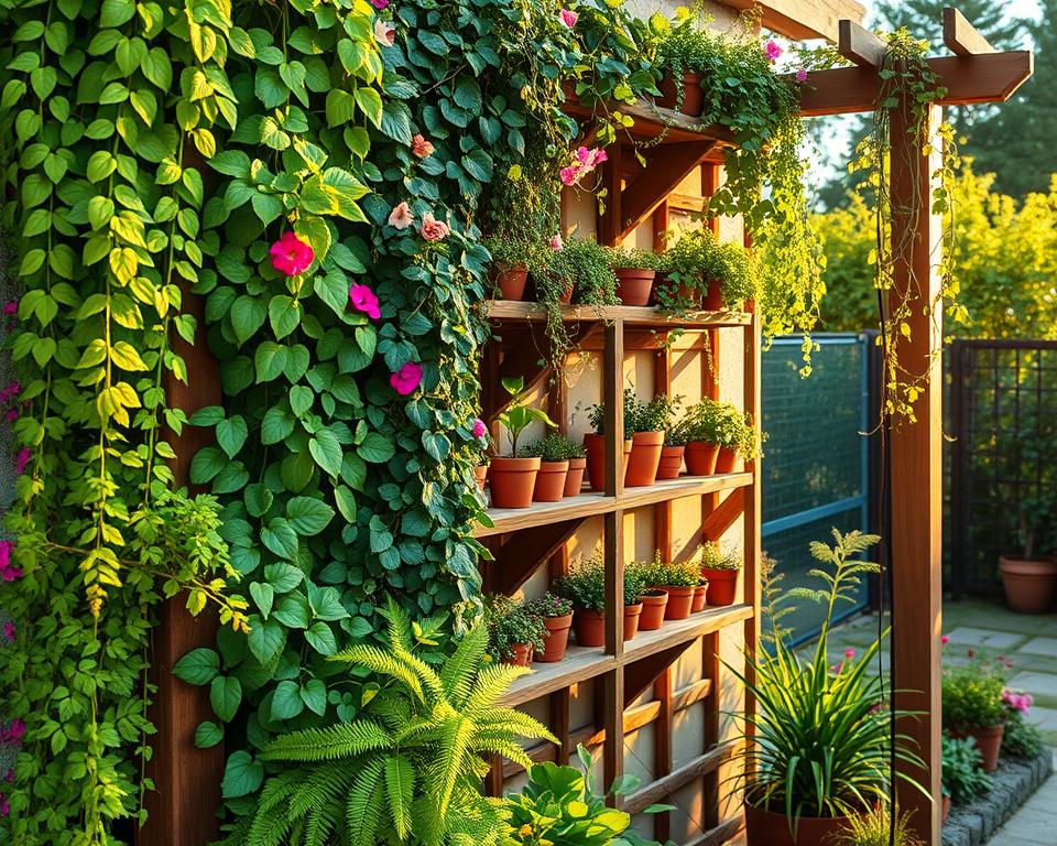 A lush vertical garden, or "Pflanzwand," flourishing on a wooden trellis against a sunlit wall. In the foreground, vibrant green plants, such as ferns and assorted herbs, cascade down, while colorful flowering vines intertwine upward, creating a tapestry of nature. The middle section showcases a variety of potted plants arranged neatly on rustic shelves, with small terracotta pots that add warmth. In the background, a serene garden setting, softly illuminated by golden hour sunlight, enhances the cozy atmosphere, bringing out the rich greens and earth tones. The angle is slightly tilted to capture the height of the vertical garden, evoking a sense of depth and inviting viewers into this green sanctuary, designed for small spaces.