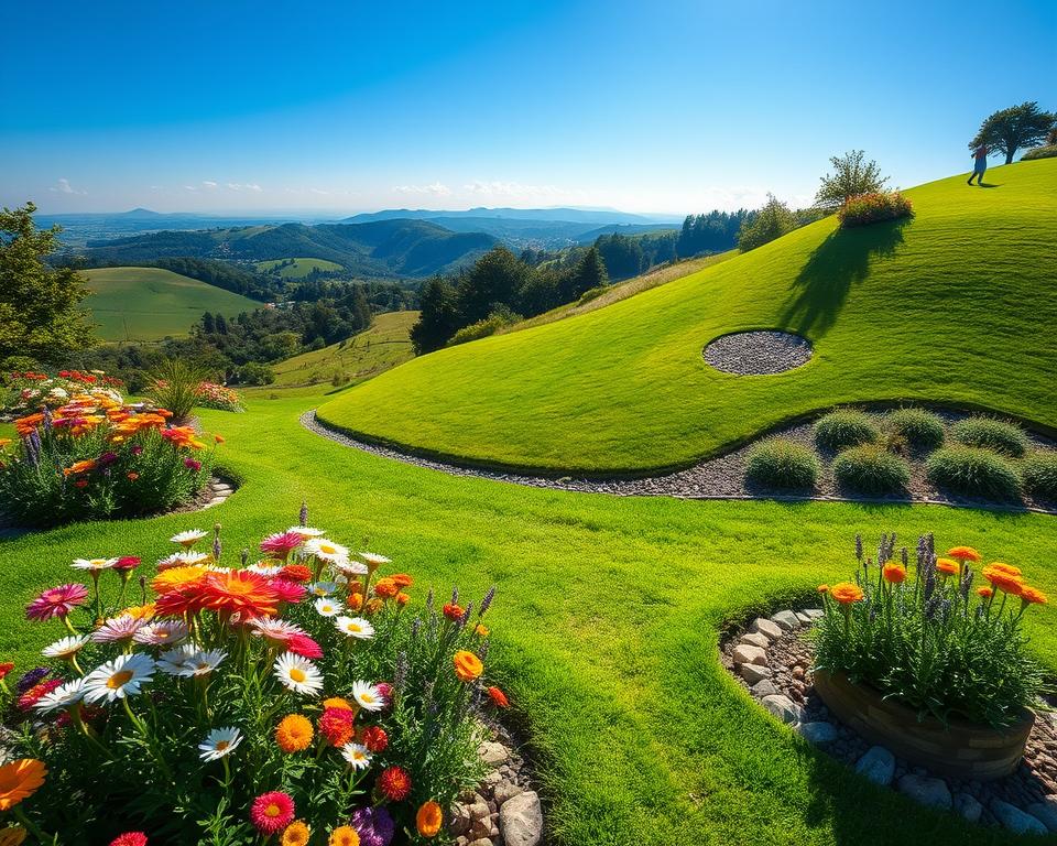 A picturesque Kiesbeet Hang garden scene, showcasing a gentle slope adorned with vibrant flower beds and lush green grass. In the foreground, charming flower beds bursting with colorful blooms such as daisies, marigolds, and lavender create a welcoming atmosphere. The middle ground features a well-maintained lawn that slopes down, interspersed with decorative pebbles and ground cover plants, highlighting the beauty of the slope. In the background, a serene view of rolling hills under a clear blue sky enhances the natural beauty. The warm afternoon sunlight casts soft shadows, creating a tranquil and inviting mood. Capture this scene using a wide-angle lens to emphasize the depth of the garden, ensuring a fresh and vibrant feel without any text or overlays.