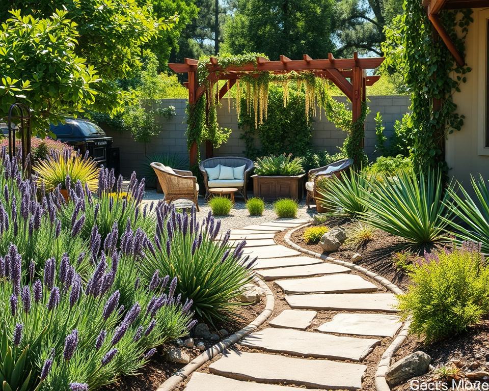 A serene and inviting low-maintenance garden, showcasing a variety of colorful, drought-resistant plants like lavender, succulents, and ornamental grasses. In the foreground, a well-maintained stone pathway winds through clusters of lush greenery, leading to a cozy seating area with elegant outdoor furniture. The middle ground features a small, sun-drenched herb garden, surrounded by decorative pebbles and low fences. In the background, a wooden trellis with climbing vines creates a natural archway, while gentle sunlight filters through the leaves, casting soft shadows. The overall atmosphere is peaceful and idyllic, perfect for relaxation and enjoyment. The image should be captured from a slightly elevated angle, emphasizing the layout and harmony of the garden, with bright, warm lighting that enhances the vibrant colors.