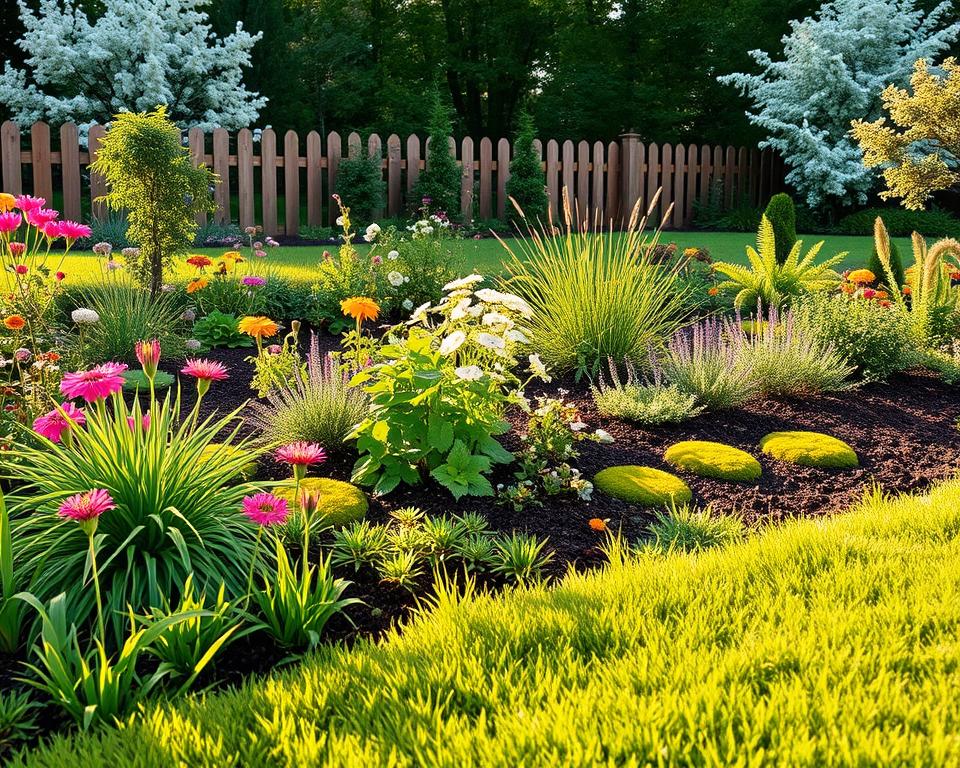 A serene garden landscape showcasing a variety of plants and flowers suited for a low-maintenance garden. In the foreground, lush green grass borders a rich, dark soil bed with various ornamental plants and shrubs that flourish in different microclimates. The middle ground includes a sunny area with vibrant perennials and a shaded nook with ferns and moss, emphasizing the importance of natural light. In the background, a charming wooden fence and blooming trees create a peaceful and inviting atmosphere. Soft, natural lighting illuminates the scene, akin to a golden hour glow, enhancing the garden's vibrancy. The angle is slightly elevated, providing a comprehensive view of the garden's layout and plant diversity, inviting the viewer to explore the nuances of location, soil type, and climate considerations.