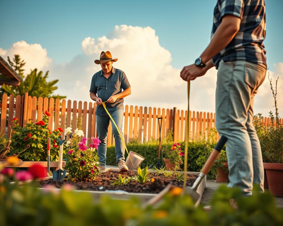 A serene garden scene illustrating the concept of "Garten vermessen." In the foreground, a person in modest casual clothing uses a measuring tape to assess the dimensions of a well-tended garden plot, surrounded by vibrant flowers and lush greenery. In the middle ground, various garden tools are neatly arranged, reflecting a sense of preparation and care. The background features a wooden fence and a soft, blue sky with fluffy white clouds, creating a peaceful atmosphere. The lighting is warm and illuminating, capturing the golden hour glow. The camera angle is slightly elevated to focus on the actions taking place while showcasing the beauty of the garden. The overall mood is focused, inviting, and conducive to gardening exploration.