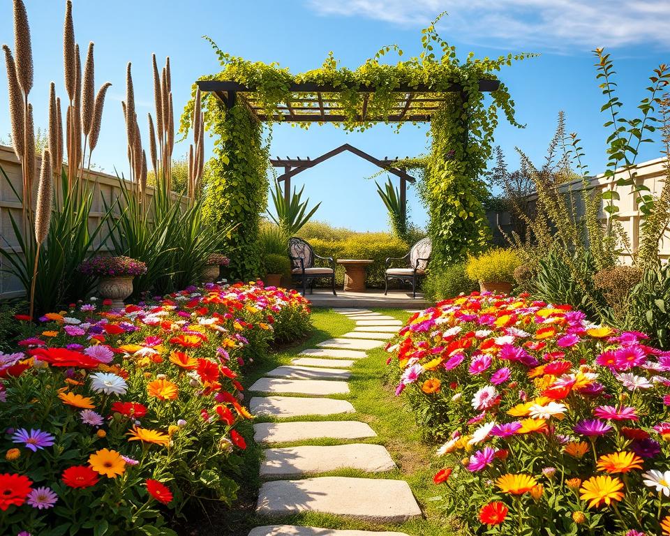 A small, enchanting garden designed to create an illusion of spaciousness, featuring clever optical tricks. In the foreground, a lush flower bed bursting with colorful blooms, meticulously arranged to draw the eye outward. In the middle, a winding pathway crafted from smooth stones leads to a charming seating area with elegant garden chairs, framed by tall, slender plants that enhance the sense of height. In the background, a trellis covered in vibrant climbing vines extends towards a clear blue sky, reflecting the peaceful atmosphere. Soft, warm lighting bathes the scene in early morning sunlight, casting gentle shadows that add depth. The overall mood is serene and inviting, perfect for relaxation and enjoyment of nature's beauty.