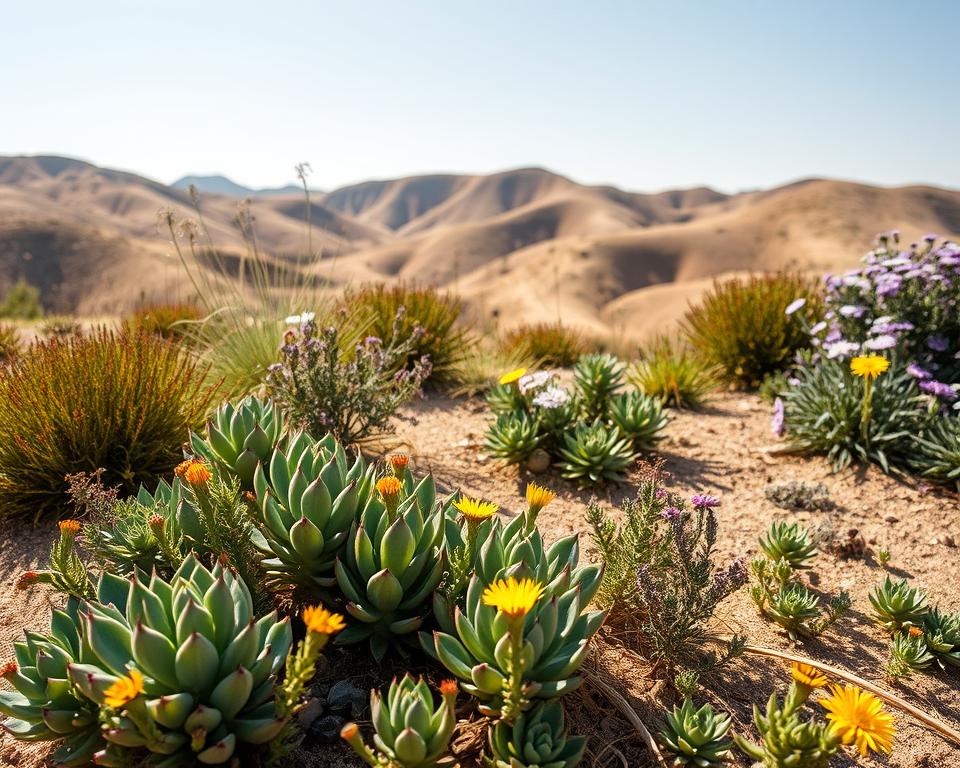 A sunlit, dry hillside garden featuring a diverse array of drought-resistant plants. In the foreground, a cluster of vibrant succulents in varying shades of green, some adorned with small flowers in yellow and orange. In the middle ground, a mixture of hardy grasses and flowering plants like lavender and yarrow, capturing the essence of a sun-soaked environment. The background should depict gentle rolling hills beneath a clear blue sky, with soft sunlight casting warm shadows across the landscape. The atmosphere is serene and inviting, ideal for a tranquil garden setting. A shallow depth of field focuses on the foreground plants, while the background remains softly blurred, enhancing the feeling of depth and warmth in the scene.
