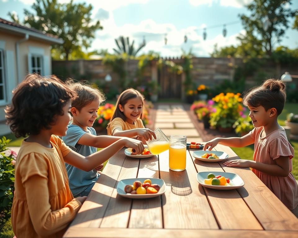 A sunny outdoor dining setup in a family garden, featuring a wooden picnic-style table set for a meal. In the foreground, children of diverse backgrounds, dressed in casual, modest clothing, are joyfully interacting, with one pouring lemonade while another hands a plate of colorful fruits. The middle ground includes lush greenery, vibrant flower beds, and decorative garden elements like lanterns and potted plants, creating a welcoming atmosphere. In the background, a softly lit scene with a blue sky and fluffy clouds enhances the cheerful ambiance. The lighting is warm and inviting, resembling golden hour, capturing a sense of togetherness and happiness. The image conveys a peaceful and friendly environment, perfect for family gatherings and outdoor meals.