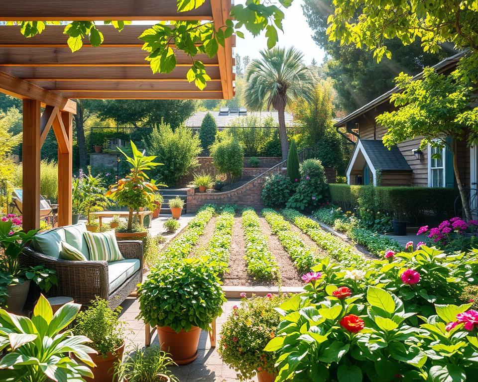 A tranquil family garden in a bright, sunny setting, showcasing a variety of lush green plants and colorful flowers. In the foreground, a wooden pergola provides shaded seating with comfortable outdoor furniture, surrounded by potted plants. In the middle ground, a vibrant vegetable patch flourishes, enhancing the idea of sustainability. Soft rays of sunlight filter through the leaves, casting dappled shadows on the ground, creating a serene and inviting atmosphere. The background features a gentle slope with trees that naturally offer shade, contributing to a pleasant microclimate. The scene captures a peaceful summer day, evoking feelings of relaxation and family togetherness in a beautifully designed garden space.
