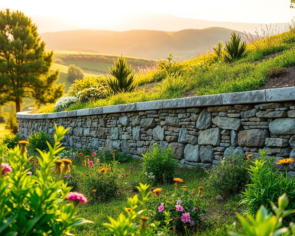 A tranquil garden scene showcasing a meticulously designed Stützmauer, integrating natural stone and gabion walls as effective hillside stabilization solutions. In the foreground, vibrant greenery flourishes, with colorful flowers and ornamental plants thriving near the base of the wall. The middle ground features the sturdy Stützmauer, artfully constructed with a blend of rustic stones and modern gabions filled with pebbles, providing an inviting contrast. In the background, gently rolling hills bask in soft, golden sunlight, creating a warm, serene atmosphere. The soft focus adds depth, drawing attention to the intricate details of the wall and its landscaping. The image is captured from a slightly elevated angle, evoking a sense of peaceful coexistence between nature and structured landscape design, ideal for inspiring readers about garden design solutions.