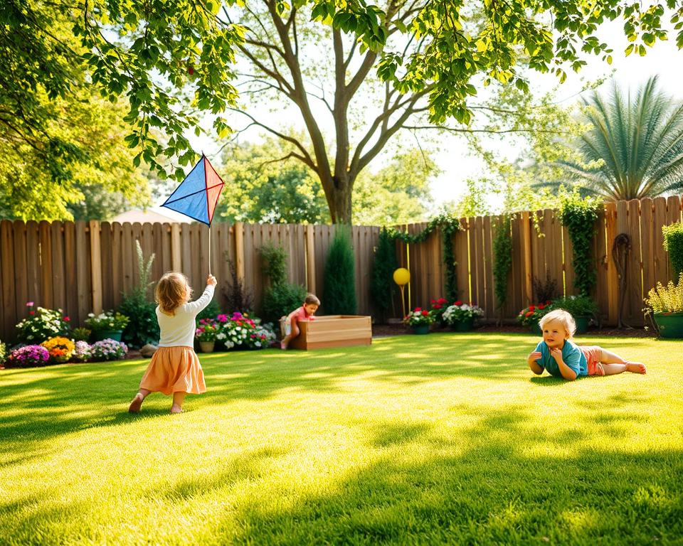 A vibrant, child-friendly garden scene showcasing a lush green lawn ideal for children to play on. In the foreground, include a soft, well-manicured grass area where children can be seen playing, one child flying a kite and another rolling on the grass, all dressed in colorful, modest casual clothing. In the middle ground, add a variety of flowering plants and a small sandbox, enhancing the play area. The background features a wooden fence and a few shaded trees, creating a safe, cozy environment. Soft, natural sunlight filters through the leaves, casting gentle shadows and giving the scene a warm, inviting atmosphere. The focus is on the joy of outdoor play, evoking a sense of happiness and family togetherness in this idyllic garden setup.