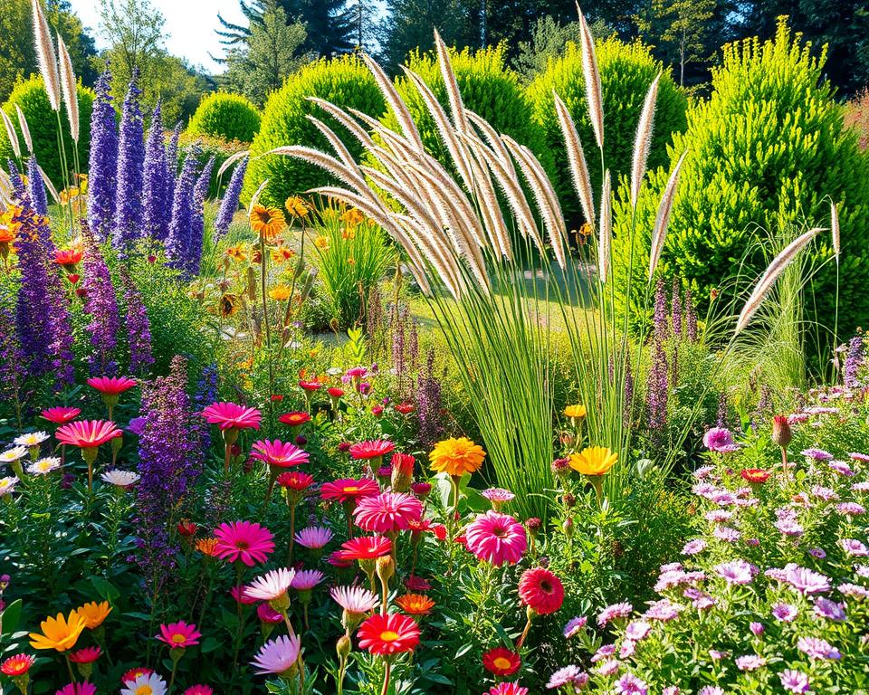 A vibrant climate-resilient garden filled with robust perennial plants, ornamental grasses, and sturdy shrubs native to Germany. In the foreground, showcase a diverse array of colorful blossoms and textured foliage, emphasizing low-maintenance options. The middle ground features tall, graceful grasses swaying gently in the breeze, complemented by lush green shrubs that provide structure. In the background, hint at a sunny day with soft, dappled sunlight streaming through, creating a warm and inviting atmosphere. A wide-angle perspective captures the beauty and harmony of this garden scene, emphasizing the resilience and adaptability of these plants in a sustainable landscape. The overall mood is serene and uplifting, promoting the joy of gardening.