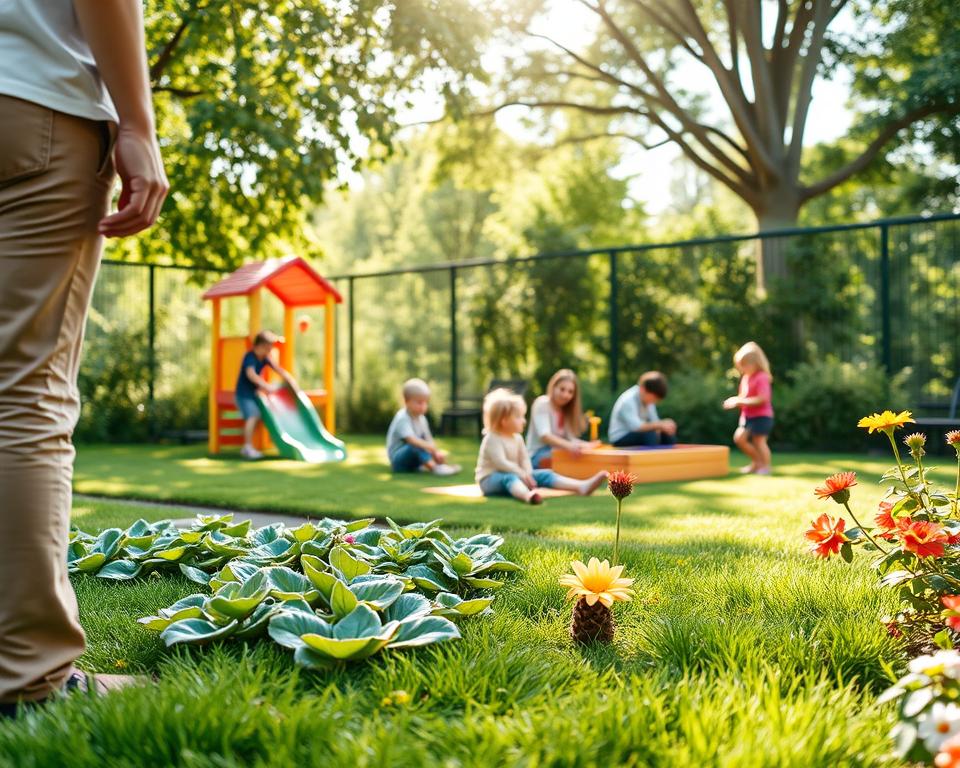 A vibrant family garden scene focused on child-friendly safety, featuring children playing joyfully on soft, green grass surrounded by safe, colorful play equipment like a slide and sandbox. In the foreground, a parent supervises, wearing casual clothing, ensuring a nurturing atmosphere. The middle ground showcases a variety of child-safe plants with rounded edges and non-toxic flowers, creating a whimsical and inviting environment. In the background, a sturdy fence surrounds the garden, enhancing a sense of security and safety. The sunlight filters through leafy trees, casting a warm, cheerful glow over the scene, evoking a joyful, carefree mood. The angle is slightly elevated to capture the full layout of the garden, emphasizing both the children and the safety features surrounding them.