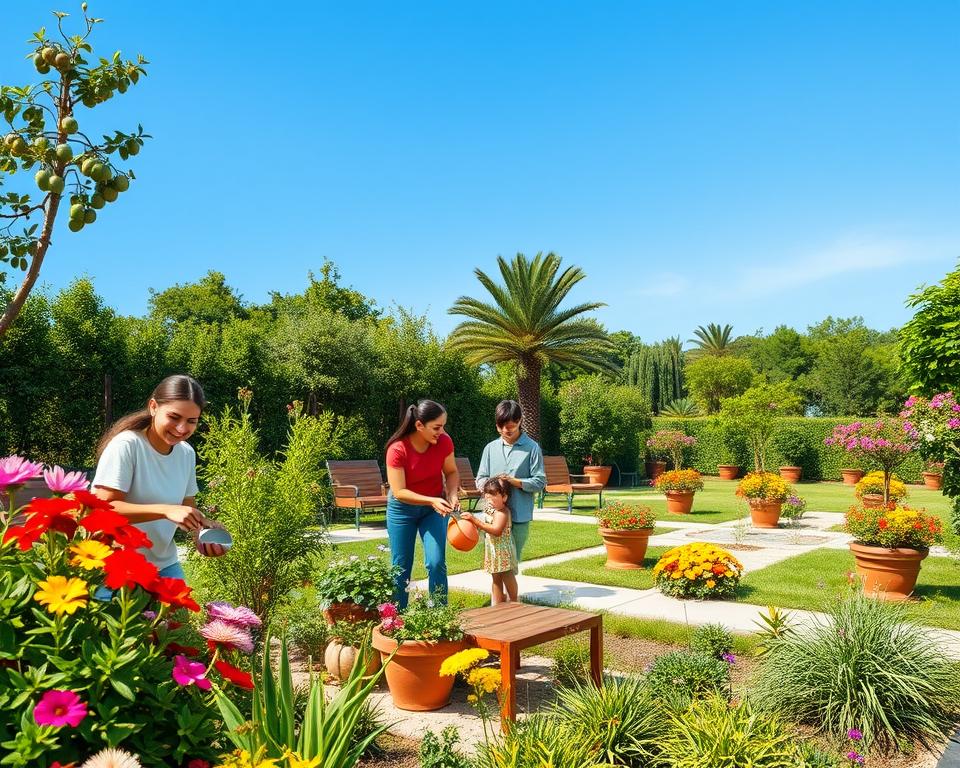 A vibrant family garden scene, showcasing a variety of colorful flowers, lush green plants, and fruit trees, all designed for family enjoyment. In the foreground, a cheerful family of four participates in gardening activities, dressed in casual, modest clothing, happily planting flowers and watering plants. The middle section displays cozy seating areas with garden furniture, surrounded by decorative planters and artfully arranged flower beds. In the background, a clear blue sky is illuminated by soft, warm sunlight, creating a relaxed and inviting atmosphere. Use a wide-angle lens to capture the spaciousness of the garden and ensure bright, natural lighting that enhances the colors and textures of the plants. The overall mood should be joyful and peaceful, reflecting a perfect family retreat in nature.