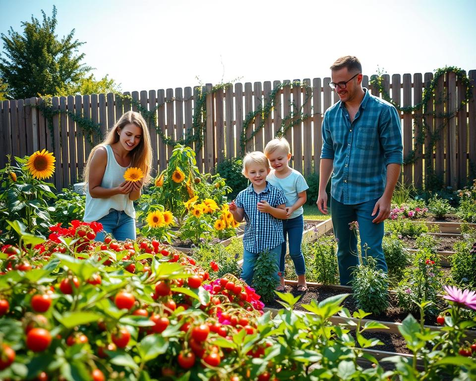 A vibrant family garden showcasing an edible landscape filled with lush fruits and vegetables. In the foreground, a cheerful family of four - a mother and father in modest casual clothing, a young boy and girl joyfully picking ripe strawberries and cherry tomatoes. The middle ground features a variety of colorful plants and flowers, such as sunflowers and herbs, arranged in neat, inviting garden beds. In the background, a wooden fence with climbing vines and a clear blue sky enhances the atmosphere of a sunny day. Soft, warm lighting casts gentle shadows, creating a cheerful and inviting mood. The scene exudes a sense of togetherness and joy in nature’s bounty.