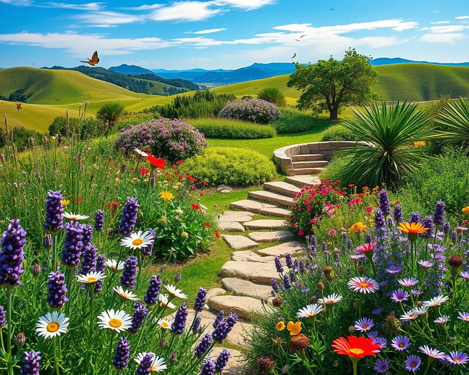 A vibrant, lush hillside garden showcasing biodiversity in a natural setting. In the foreground, diverse flowers in full bloom—lavender, daisies, and bright wildflowers—interspersed with delicate ferns, creating a tapestry of colors. The middle ground features a gently curving path made of natural stones, leading up to native shrubs and small trees, providing shelter for various wildlife. In the background, rolling hills under a clear blue sky with soft, dappled sunlight illuminating the scene. A few butterflies flutter around, adding to the lively atmosphere of the garden. The composition should evoke a sense of tranquility and harmony with nature, captured with a soft focus lens to enhance the serene mood, emphasizing the interconnection of life in the biodiverse garden.