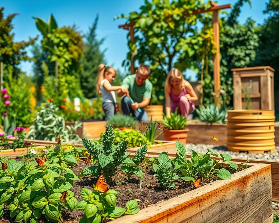A vibrant sustainable garden, showcasing a variety of native plants and flowers, organized in raised beds made of reclaimed wood. The foreground features a small, colorful herb patch with fresh basil and thyme, while bees and butterflies flutter around. In the middle ground, a family of four, dressed in casual outdoor clothing, joyfully planting vegetables and watering the garden, emphasizing teamwork and connection with nature. The background has a trellis covered in climbing vines and a small compost bin made from pallets. The scene is bathed in warm sunlight, creating a serene and inviting atmosphere. The shot is taken from a slightly elevated angle, capturing the garden's layout and the family's interaction with the environment, under a clear blue sky.