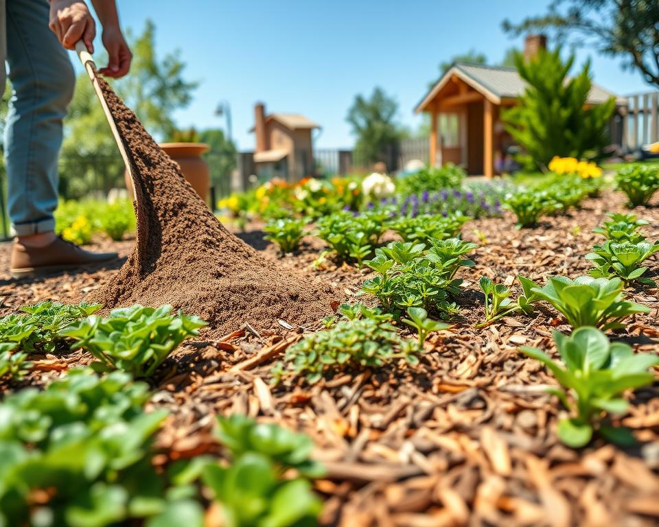 A well-maintained garden featuring a variety of vibrant ground cover plants like creeping thyme and ajuga, interspersed with a fresh layer of mulch. In the foreground, a gardener in casual clothing is gently spreading mulch to illustrate the process of weed suppression. The middle ground showcases healthy, lush plants thriving under the protective mulch, while the background features a sunny day with a clear blue sky and the distant outline of a cozy garden shed. Soft, natural lighting highlights the textures of the mulch and leaves, creating a peaceful, nurturing atmosphere. The image captures the essence of maintaining a low-maintenance garden, emphasizing the benefits of using ground cover and mulch to retain moisture and reduce weed growth.